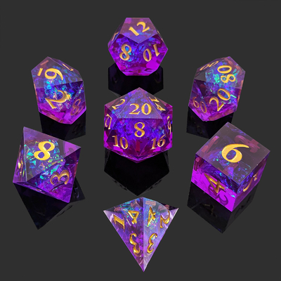 বেগুনি রজন ডাইস 7PCS DND ড্রাগন এবং ডানজোন Polyhedron ধারালো প্রান্ত